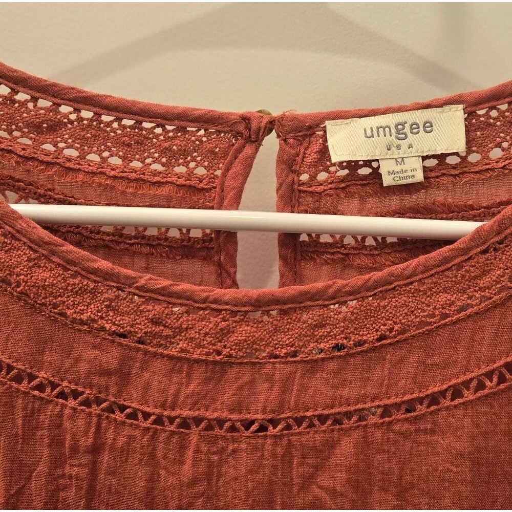 Umgee terracotta Embroidered Boho Style Ruched Mini Dress with Bishop Sleeves - Picture 3 of 6